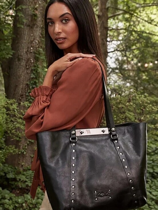 Patricia Nash Handbags - Patricia Nash Black Leather Studded‎ Tote Bag Silver Hardware Metal Bar Detail